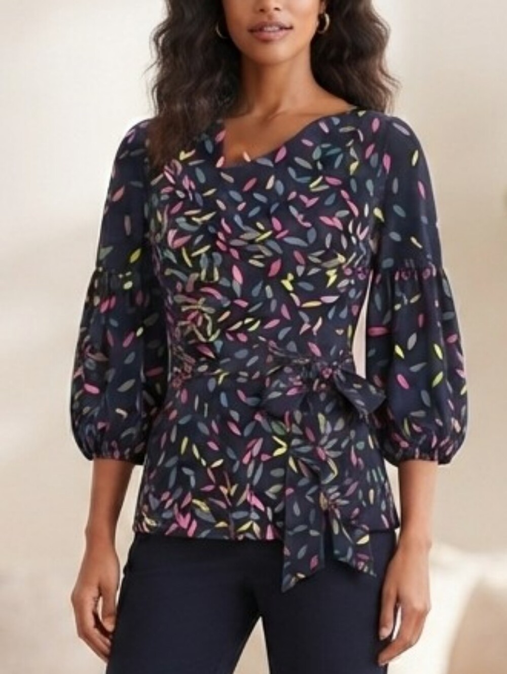 NEW BCBG Max Azria Leaf-Print Puff Sleeves Tie-Waist Blouse Top Sz Size Medium M